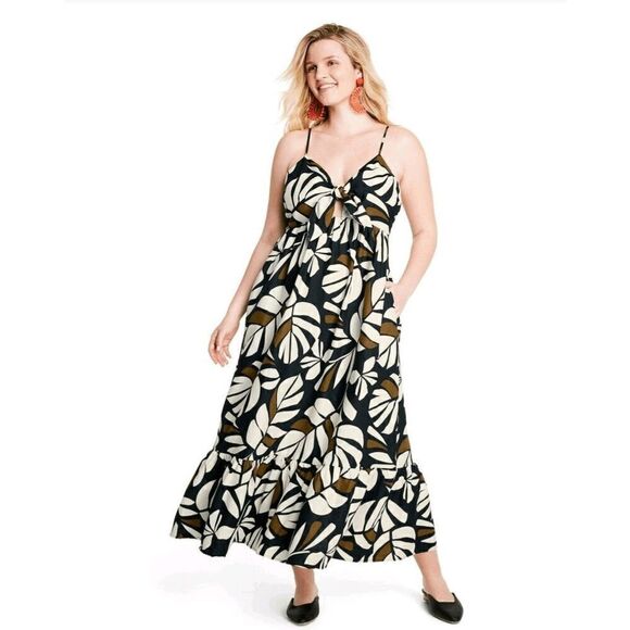 Tabitha Brown Botanical print sleeveless tie front dress size M - Picture 1 of 9